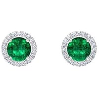 Round Cut Created Green Emereld & Diamond Engagement Wedding Halo Earring For Women Girls 14K White/Yellow/Rose Gold Plated 925 Sterling Silver