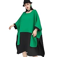 Spring Autumn Round Neck Pullover Dress Loose Mid-Length Color Blocking Leisure Dress Women's