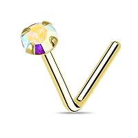 14ct Solid Yellow Gold Prong Set Rainbow Genuine Crystals Stone 22 Gauge L-Shape Nose Stud