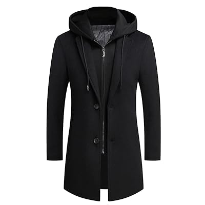 PRIJOUHE Men's Wool Coat Hoodie Long Trench Coat Cotton Casual Woollen  Overcoat Jacket