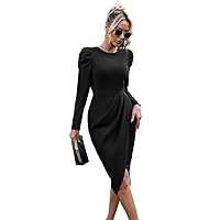 Elegant Ladies Irregular Dresses Autumn Winter Casual Slim Sleeve Slit Dress for Women Black
