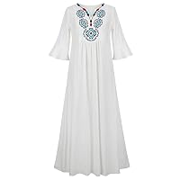 Women Casual Solid Pullover Dress Large Size Loose Dress Mid-Sleeve Embroidered Dress