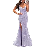 Lace Appliques Prom Dresses for Women Tulle Mermaid Bodycon Formal Evening Dress with Slit BD432