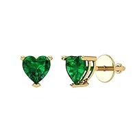 1.4ct Heart Cut Solitaire Simulated Emerald Unisex Pair of Stud Earrings 14k Yellow Gold Screw Back conflict free