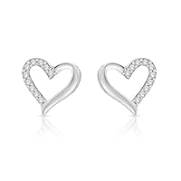 1/4 Cttw Diamond Stud Earrings for Girls Heart Shaped in Rhodium Plated 925 Sterling Silver