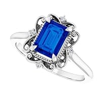 1 CT Blue Sapphire Engagement Ring with Emerald Accents, 925 Sterling Silver, Vintage Style Halo Setting