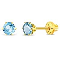 14k Yellow Gold 4mm Solitaire Round Simulated Birthstone Screw Back Stud Earrings for Girls - Small Stud Earrings for Kids with Safety Screw Back Locking