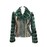 Women Original Design Real Python Leather and Green Fur Collar Jacket