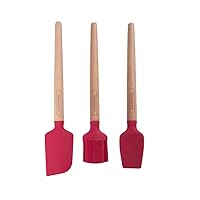 Farberware Wood Baking Set, Includes a Mini Basting Brush, Spoon Spatula, Perfect for Both Sweet and Savory Dishes, Set of 3, Red
