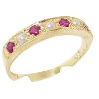 14k Yellow Gold Cultured Pearl and Ruby Womens Band Ring - Sizes 4 to 12 Available