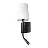 1-Light Plug-In or Hardwired Wall Sconce with Reading Light, USB-A Port, USB-C Port, LED Integrated Reading Light, Matte Black, White Fabric Shade, On-Off Pull Chain, On-Off Rocker Switch