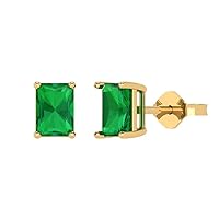 2.0 ct Emerald Cut Solitaire Simulated Emerald Pair of Stud Everyday Earrings Solid 18K Yellow Gold Butterfly Push Back
