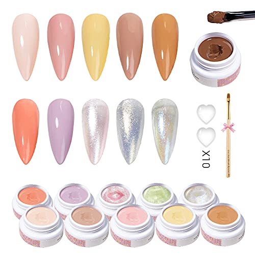 Vettsy Solid Pudding Cream Gel Nail Polish in Pots, 10 Colors Highly Pigmented Solid Gel Polish Set with Brush and Color Swatches, Perfect Nail Pol...