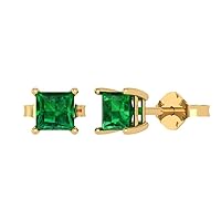 2.0 ct Princess Cut Solitaire Simulated Emerald Pair of Stud Everyday Earrings Solid 18K Yellow Gold Butterfly Push Back