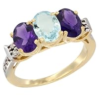 Silver City Jewelry 14K Yellow Gold Natural Aquamarine & Amethyst Sides Ring 3-Stone 7x5 mm Oval Diamond Accent, sizes 5-10