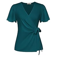 GRACE KARIN 2024 Womens Summer Tops Dressy Casual Short Sleeve Chiffon V-Neck Wrap Business Work Cute Fitted Blouses