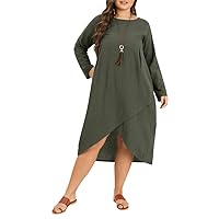 ZANZEA Women's Crewneck Cotton Plus Size Maxi Dress Long Sleeve Pleated Irregular Hem Loose Dresses