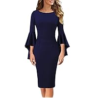 Womens Ruffle 3/4 Bell Sleeve Sheath Dress Elegant Crewneck Cocktail Party Pencil Dress High Waist Church Dresses