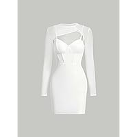 2023 Women's Dresses Cutout Sheer Mesh Panel Bodycon Dress Women's Dresses (Color : White, Size : Large)