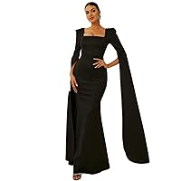 MIHAL Women's Dress Square Neck Split Sleeve Mermaid Hem Formal Dress Summer Dresses (Color : Black, Size : Medium)