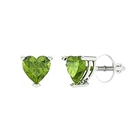 0.9ct Heart Cut Solitaire Natural Light Green Peridot Unisex pair of Stud Earrings 14k White Gold Screw Back conflict free