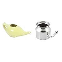 Leak Proof Durable Porcelain Ceramic Yellow Neti Pot Hold 300 Ml Water Comfortable Grip and Pure Stainless Steel Neti Pot for Sinus Congestion