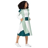 Mint Green White Abstract Print Bright All-Over Print Long Sleeve midi Dress
