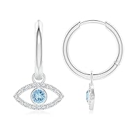 925 Sterling Silver Aquamarine Round 6.00mm Evil Eye Dangles Earrings With Rhodium Plated
