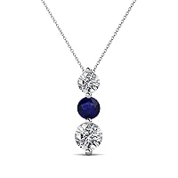 Round Blue Sapphire Diamond 7/8 ctw Graduated Three Stone Drop Pendant 16 Inches Chain 14K Gold