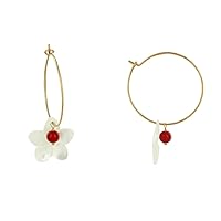 Gold Plated Earrings Hoops Resin Frangipani Flowers and Red Pearls
