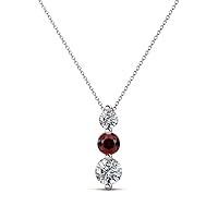 Round Red Garnet Natural Diamond 1/2 ctw Graduated Three Stone Drop Pendant. Included 16 Inches Chain 18K Gold
