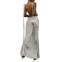 Women's Sexy Metallic Lace Up Backless Dress Faux Pu Leather Spaghetti Strap Sleeveless Bodycon Maxi Dresses