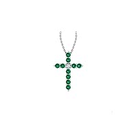 14k White Gold timeless cross pendant set with 10 beautiful green emeralds (1/5 ct, AA Quality) encompassing 1 round white diamond, (.035ct, H-I Color, I1 Clarity), dangling on a 18