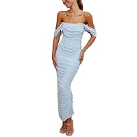 OBEEII Wedding Guest Dresses for Women, Sexy Off The Shoulder Ruched Bodycon Midi Dresses Sleeveless Fitted Semi Formal Summer Beach Bridesmaid Cocktail Party Dresses Light Blue XL