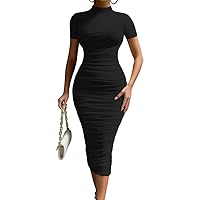 LAGSHIAN Women's Elegant Bodycon High Neck Short Sleeve Ruched Midi Cocktail Dress
