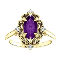 Vintage 3 CT Marquise Amethyst Engagement Ring 18K Yellow Gold, Victorian Purple Amethyst Ring, Halo Filigree Natural Amethyst Diamond Ring Perfact for Gifts