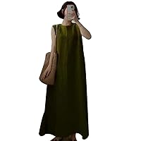 HEILA Loose Cotton Linen Casual Dresses with Pocket Short Sleeve Flax Linen Maxi Dress Dress for Women Solid Long Dress