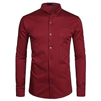 Men's Dress Shirts Banded Collar Shirt Male Long Sleeve Casual Button Down Shirt with Pocket