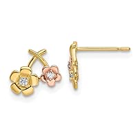 14 kt Two Tone Gold Button CZ Flowers Post Earrings 8 x 9 mm