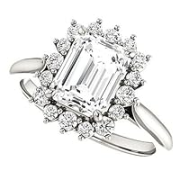 Mois 2 CT Emerald Colorless Moissanite Engagement Ring for Women/Her, Wedding Bridal Ring Set, Eternity Sterling Silver Solid Gold Diamond Solitaire 4-Prong Set for Her