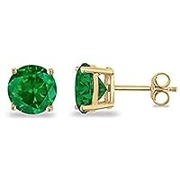 Round Cut Created Emerald Engagement Wedding Solitaire Stud Earrings For Women & Girls 14k Yellow Gold Pleated 925 Sterling Silver