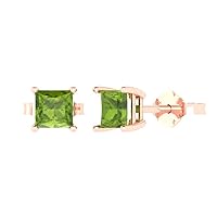 1.0 ct Princess Cut Solitaire VVS1 Natural Green Peridot Pair of Stud Earrings Solid 18K Pink Rose Gold Butterfly Push Back