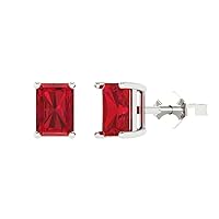 2.0 ct Emerald Cut Solitaire Simulated Ruby Pair of Stud Everyday Earrings Solid 18K White Gold Butterfly Push Back