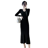 Women Long Sleeve Knit Dress Autumn Black V-Neck Sweater Midi Vintage Elegant Bodycon Dresses