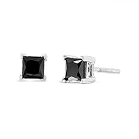 14K White Gold Princess-Cut Treated Black Diamond Classic 4-Prong Stud Earrings with Screw Backs (Fancy Color-Enhanced, I2-I3 Clarity) - Choice of Carat Weights