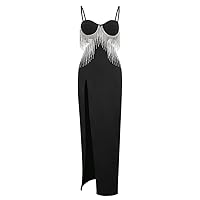 High end Heavy Industry Diamond Studded Tassel Sexy Split Pure Desire Suspender Dress Dress Dress Woman Black