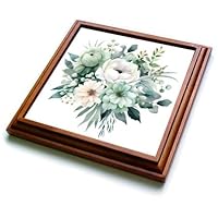 3dRose Pretty Mint Green and White Flower Illustration - Trivets (trv-384120-1)