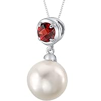 PEORA 10mm Freshwater Cultured Pearl and Garnet Pendant Necklace for Women 925 Sterling Silver, with 18 inch Chain