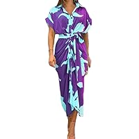 New Women's Printed Lapel Short Sleeved high Waisted Long Shirt Dress (Purple,Large)