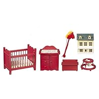 Dollhouse Wooden Deep Red Nursery Furniture Set Miniature 6 Piece Baby Room